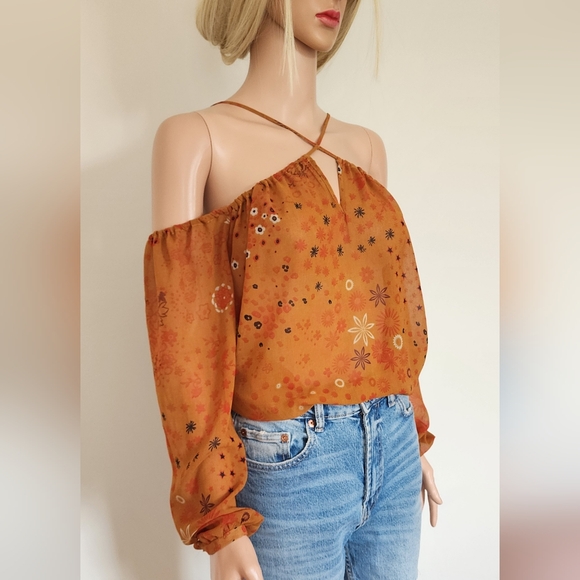 ZARA BROWN FLORAL LIGHTWEIGHT CRISS CROSS OF THE SHOULDER CHIFFON BLOUSE TOP XS - Picture 5 of 11